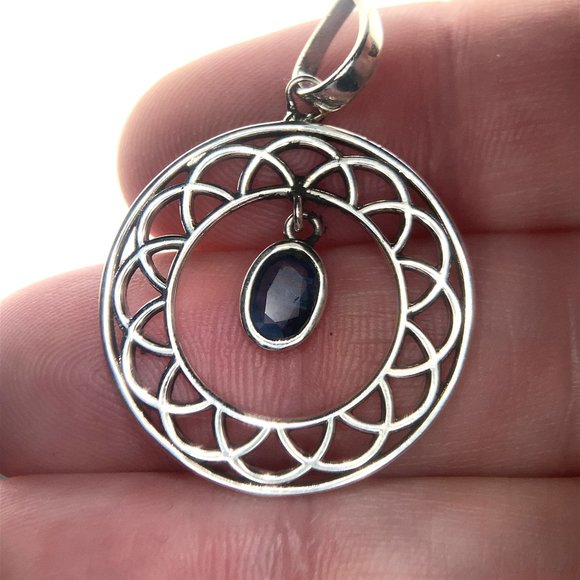 Blue Sapphire .93ct Platinum Finish Solid 925 Sterling Silver Pendant